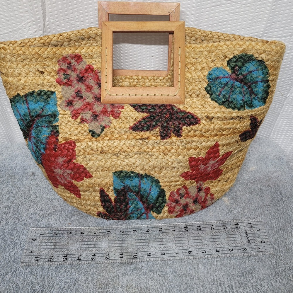 Antik Kraft Straw Tote Bag Floral Leaf Square Wood Handle Boho Summer Handbag